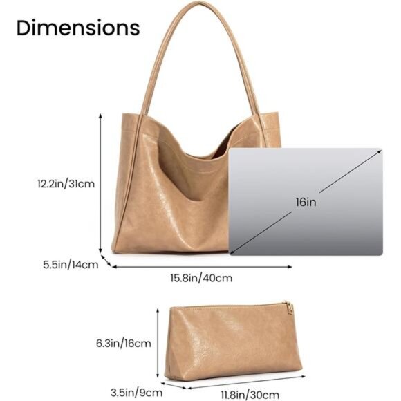 Tote Bag Beige for Women 2 Pcs Large Casual PU Weekender Bag Soft Vegan Leather - Picture 3 of 6